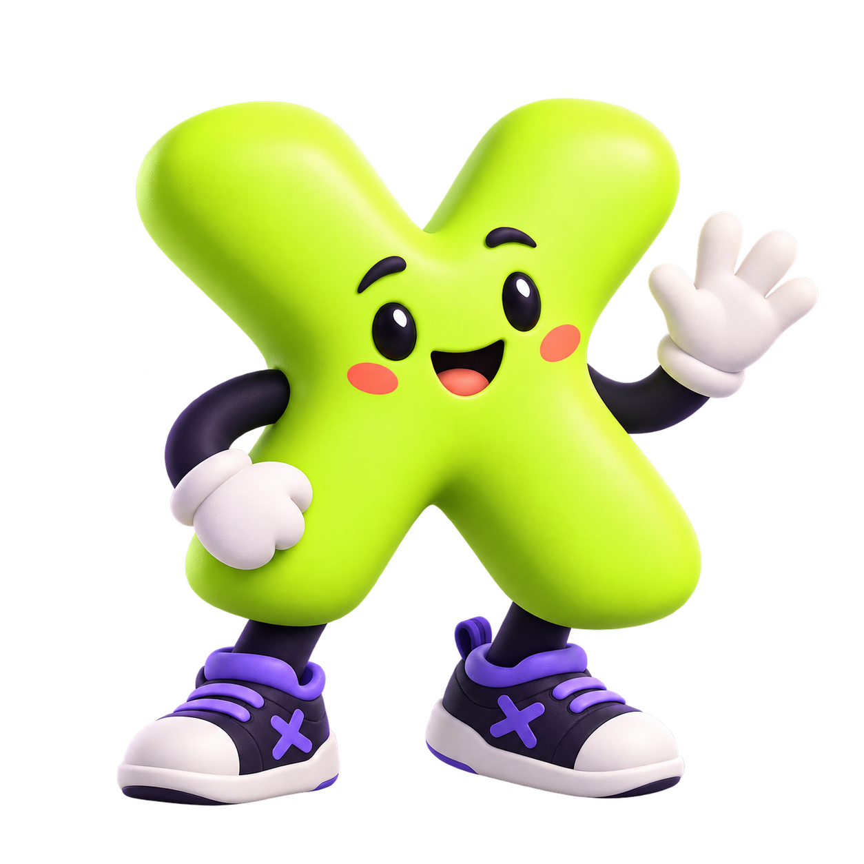Mascote Xis, verde-lima com tênis violeta
